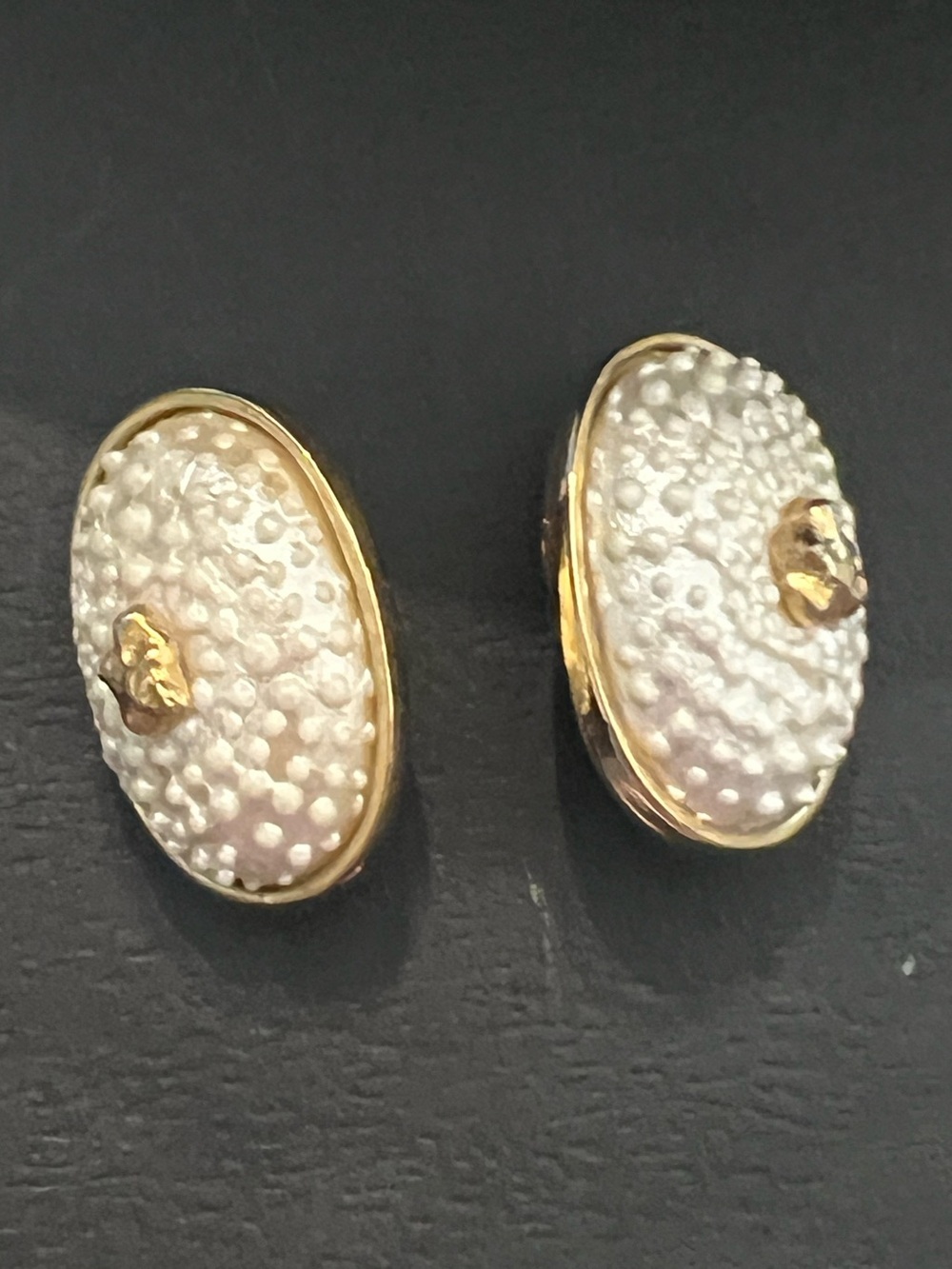 Valentino White Textured Oval Earrings with Gold Trim